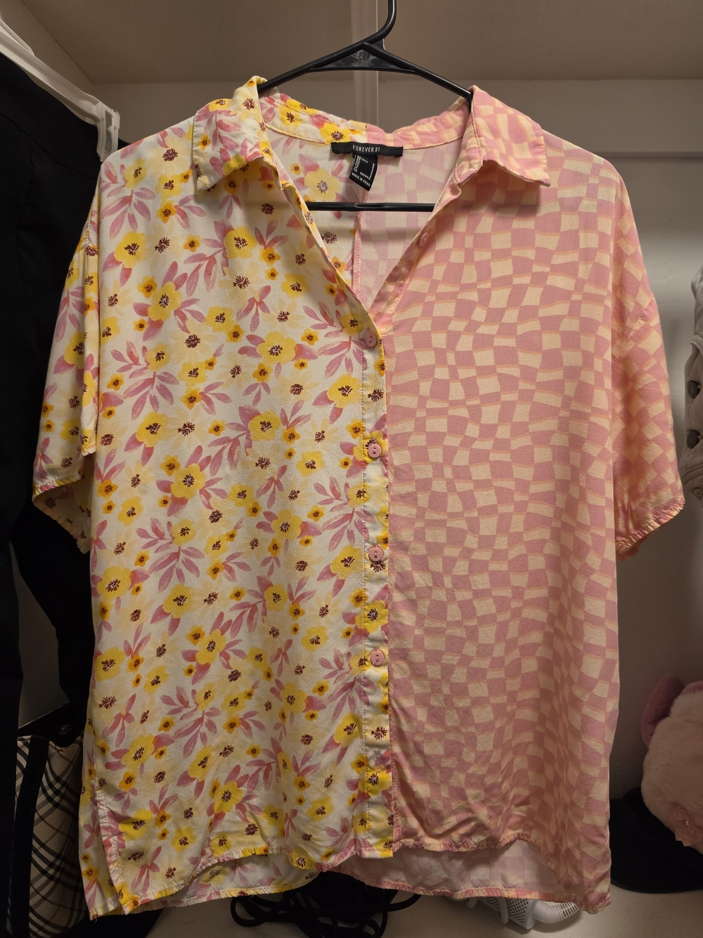 Forever 21 Pink & Yellow Split Floral Check Button-Up Shirt